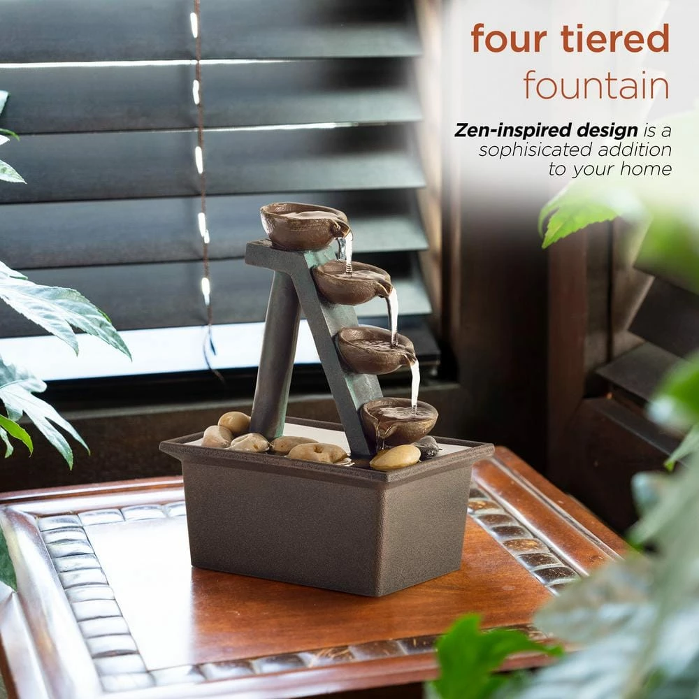 Alpine Corporation 8 in. Tall Indoor/Outdoor 4-Tier Step Tabletop Fountain with Rustic Bowls - Image 4