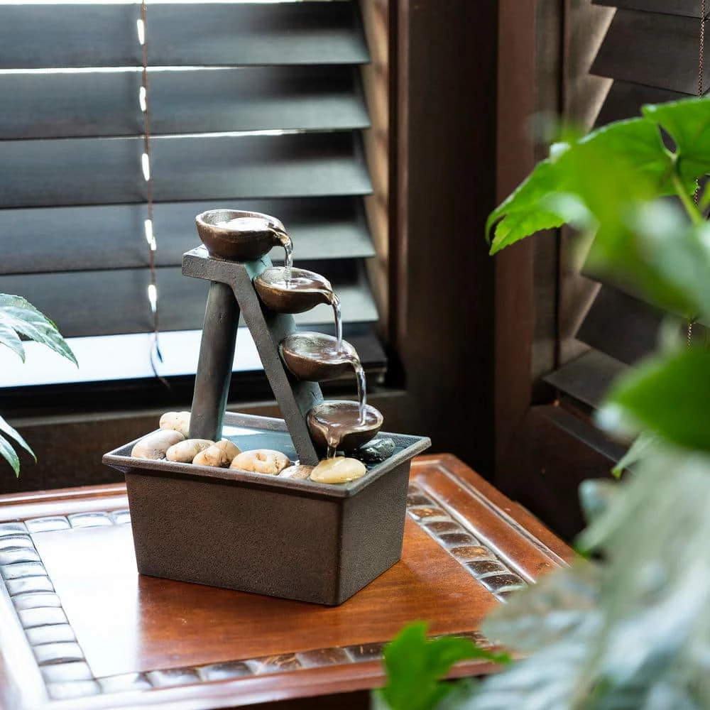 Alpine Corporation 8 in. Tall Indoor/Outdoor 4-Tier Step Tabletop Fountain with Rustic Bowls - Image 2