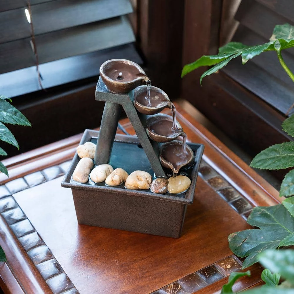 Alpine Corporation 8 in. Tall Indoor/Outdoor 4-Tier Step Tabletop Fountain with Rustic Bowls - Image 12