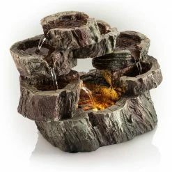 Alpine Corporation 10 in. Tall Indoor Tabletop Circular Tiered Tree Trunk Waterfall Fountain with LED Lights