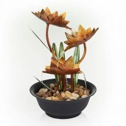 Alpine Corporation 13 in. H Indoor Multi-Tier Metal Lotus Flower Tabletop Fountain with Stone-Filled Base