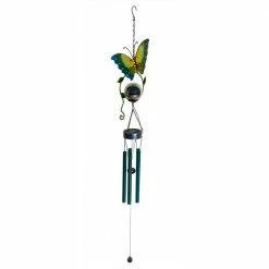 Alpine Corporation 48 in. Blue Metal Hanging Outdoor Butterfly Wind Chime with Solar-Powered LED Lights