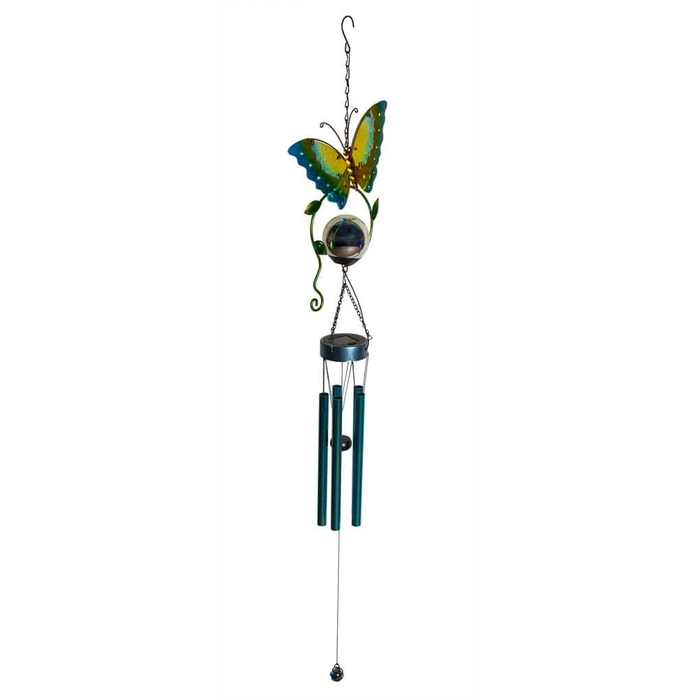 Alpine Corporation 48 in. Blue Metal Hanging Outdoor Butterfly Wind Chime with Solar-Powered LED Lights