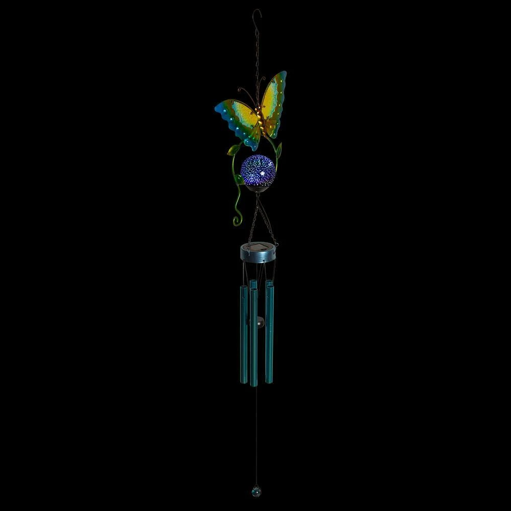 Alpine Corporation 48 in. Blue Metal Hanging Outdoor Butterfly Wind Chime with Solar-Powered LED Lights - Image 3