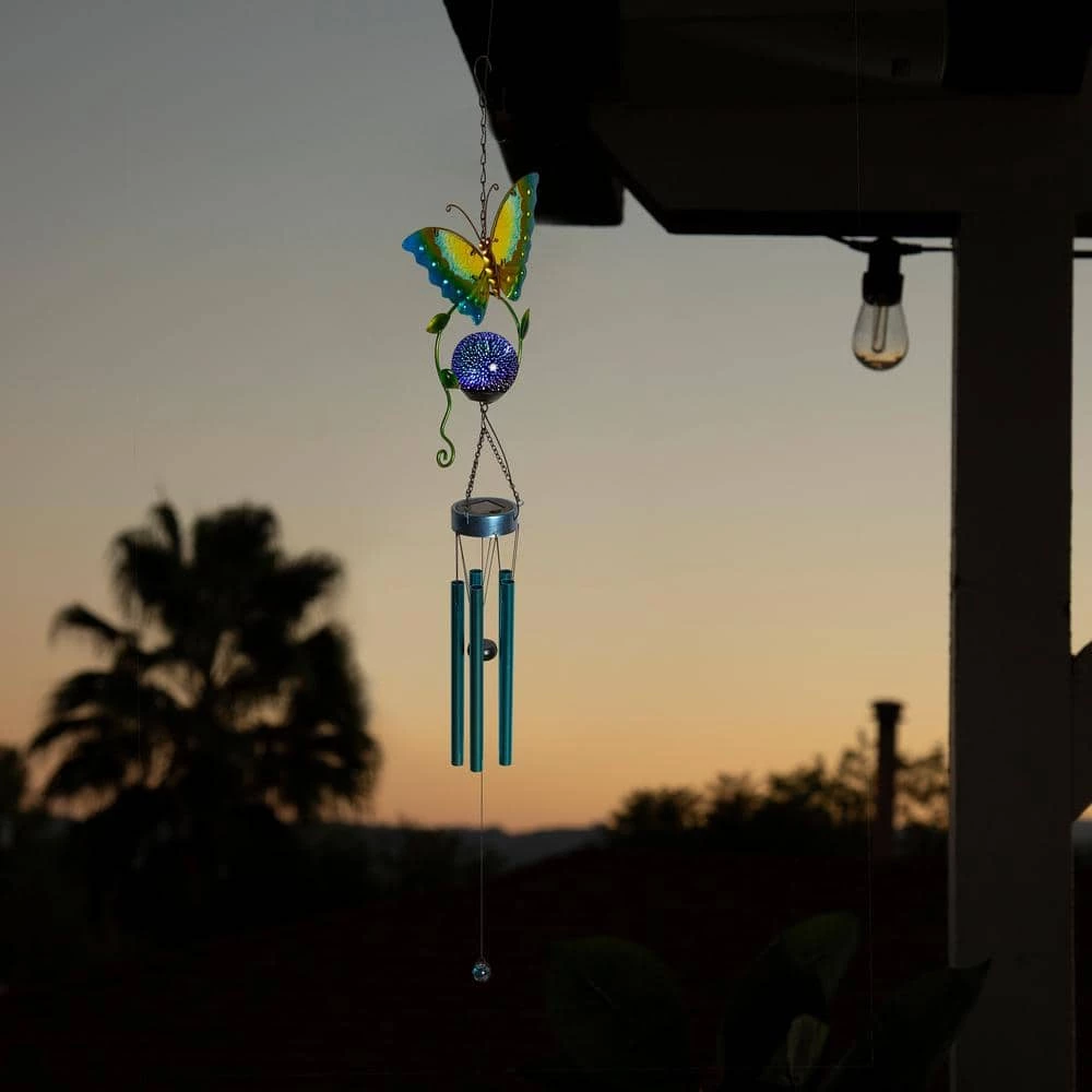 Alpine Corporation 48 in. Blue Metal Hanging Outdoor Butterfly Wind Chime with Solar-Powered LED Lights - Image 2