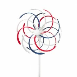 Alpine Corporation 68 in. Tall Outdoor Solar Powered Patriotic Dual Windmill Spinner Stake Yard Decoration, Red, White, and Blue