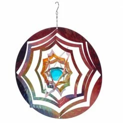 Alpine Corporation 12 in. Round Outdoor Hanging Metal Planet Wind Spinner with Blue Glass Ball
