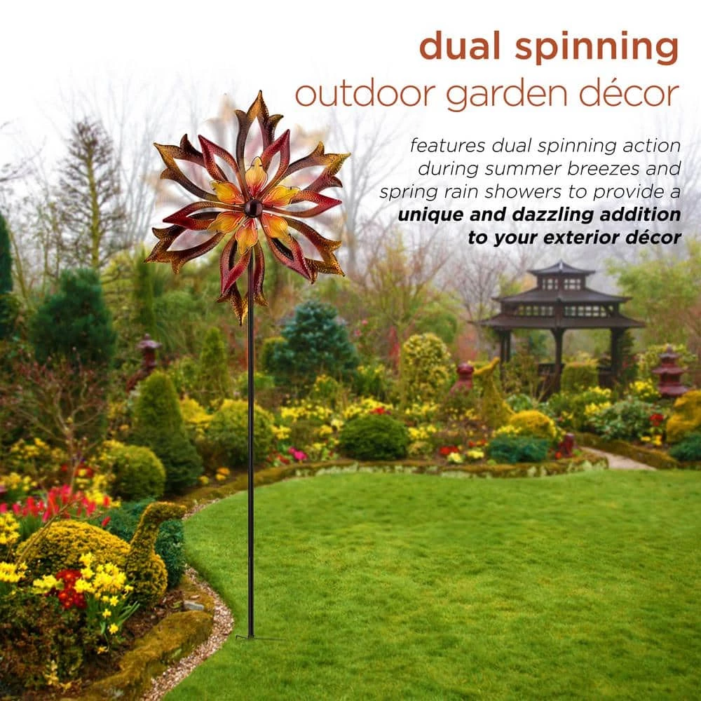 Alpine Corporation 96 in. Tall Outdoor Metal Flower Dual Kinetic Spinner Stake Yard Decoration, Red/Yellow - Image 5