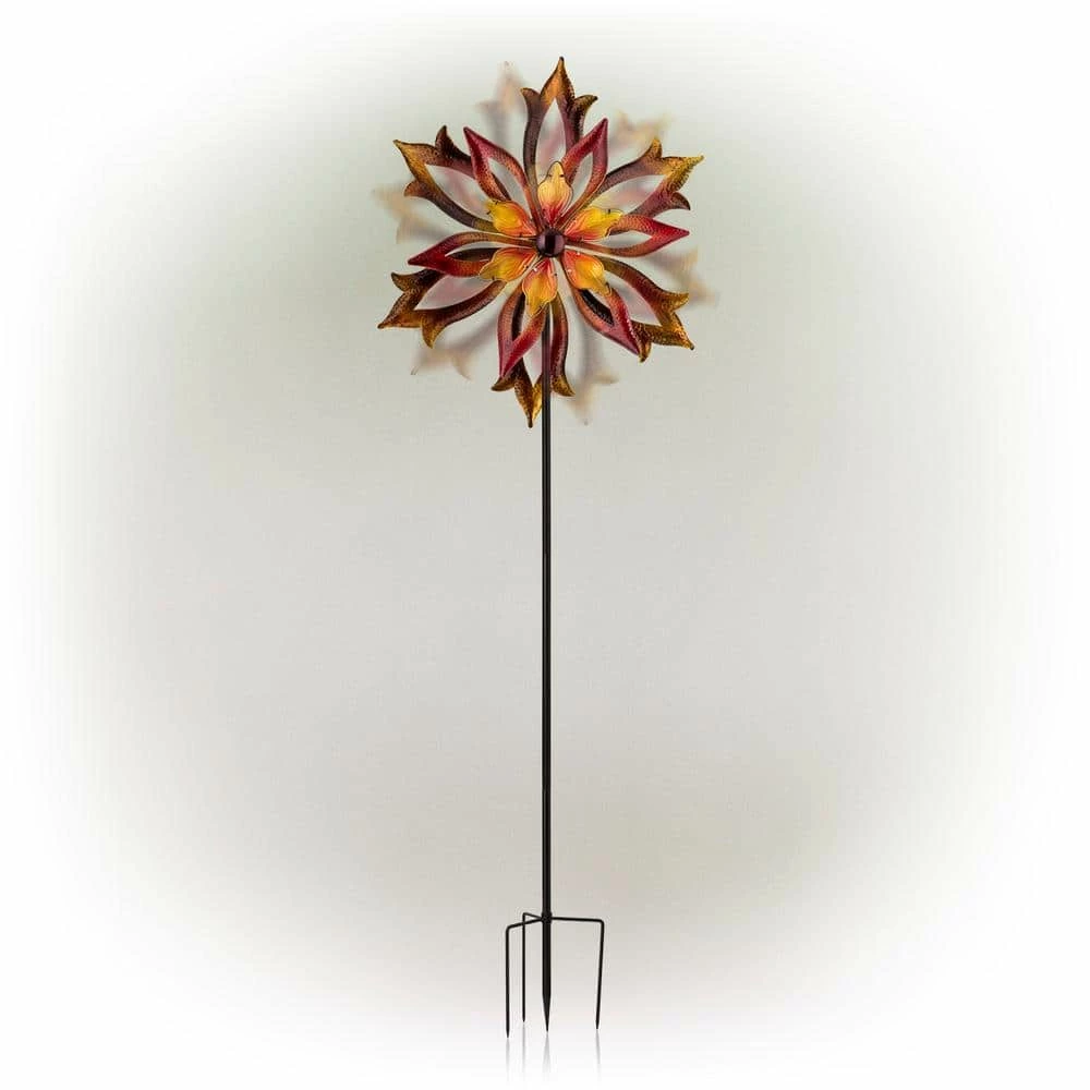 Alpine Corporation 96 in. Tall Outdoor Metal Flower Dual Kinetic Spinner Stake Yard Decoration, Red/Yellow