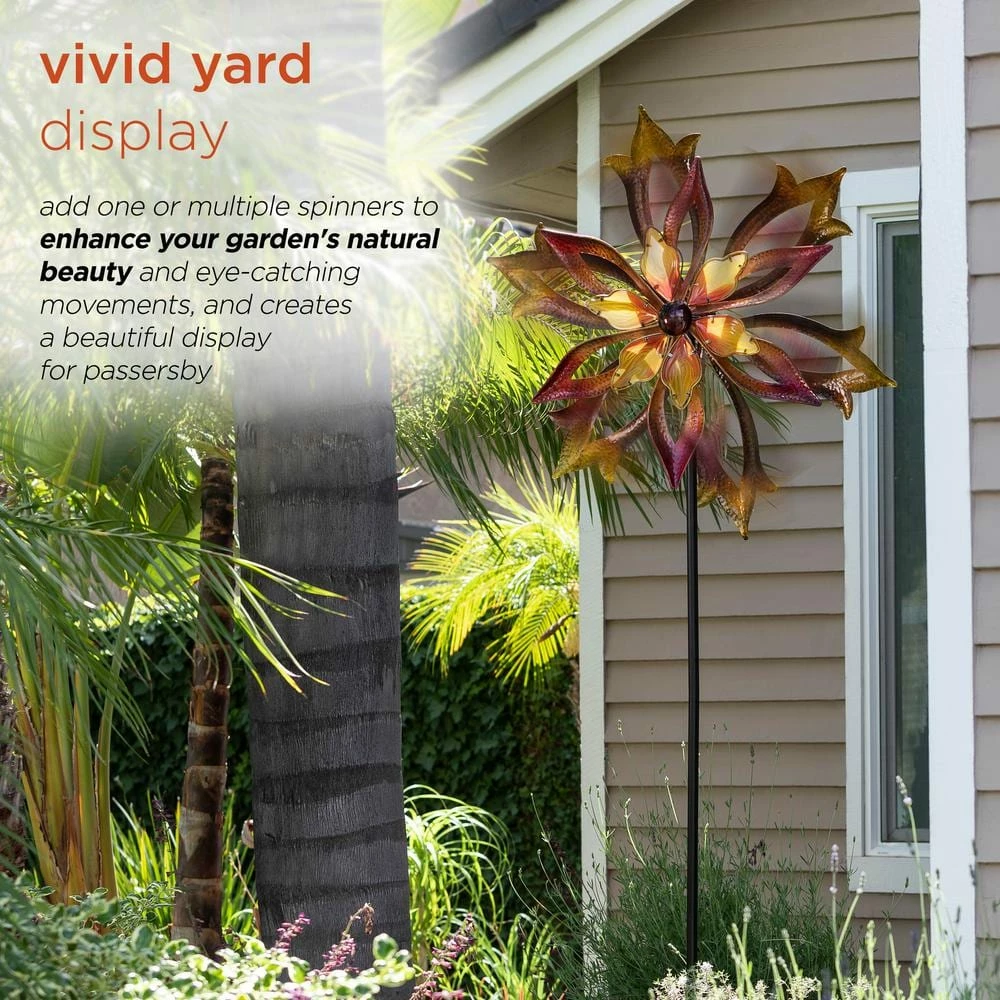 Alpine Corporation 96 in. Tall Outdoor Metal Flower Dual Kinetic Spinner Stake Yard Decoration, Red/Yellow - Image 4