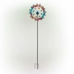 Alpine Corporation 61 in. H Outdoor Solar Butterfly Iron Wind Spinner Lawn Stake with Color-Changing LED Light