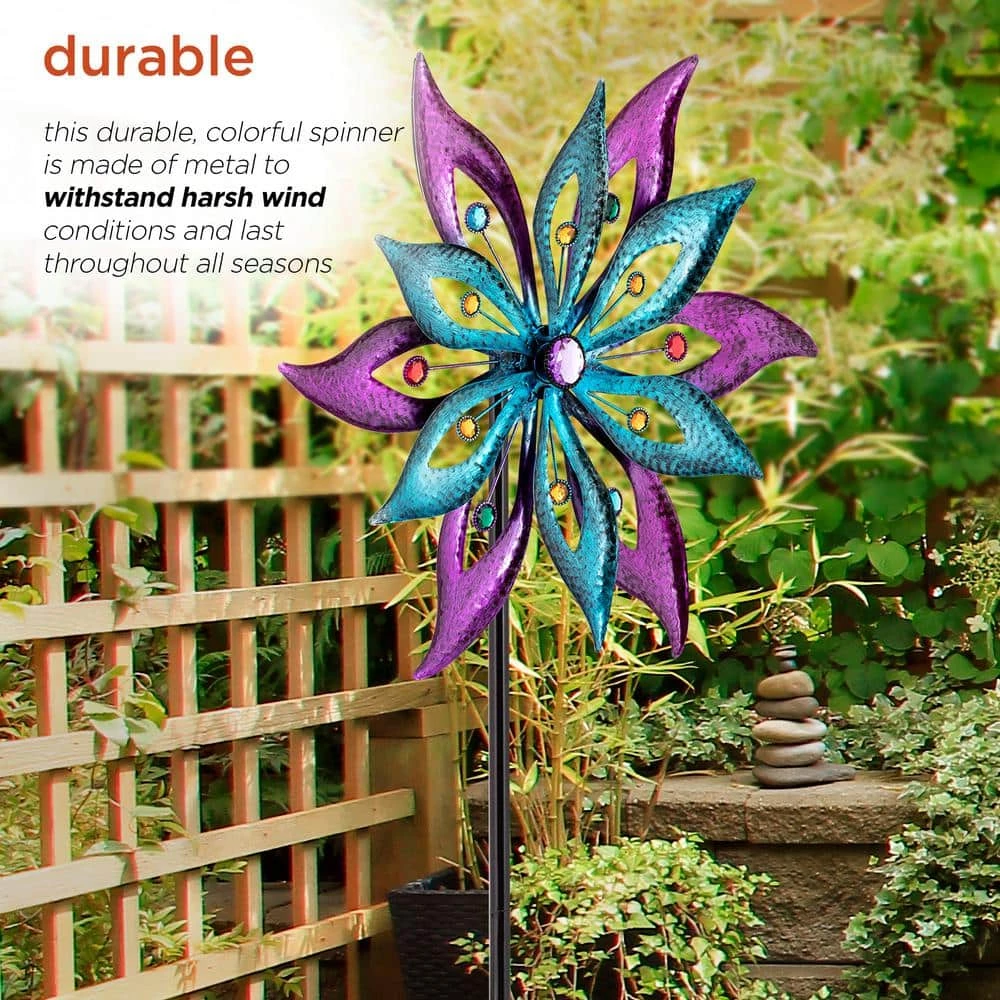 Alpine Corporation 64 in. Tall Outdoor Floral Windmill Stake with Gems Kinetic Spinner, Purple and Aqua - Image 5