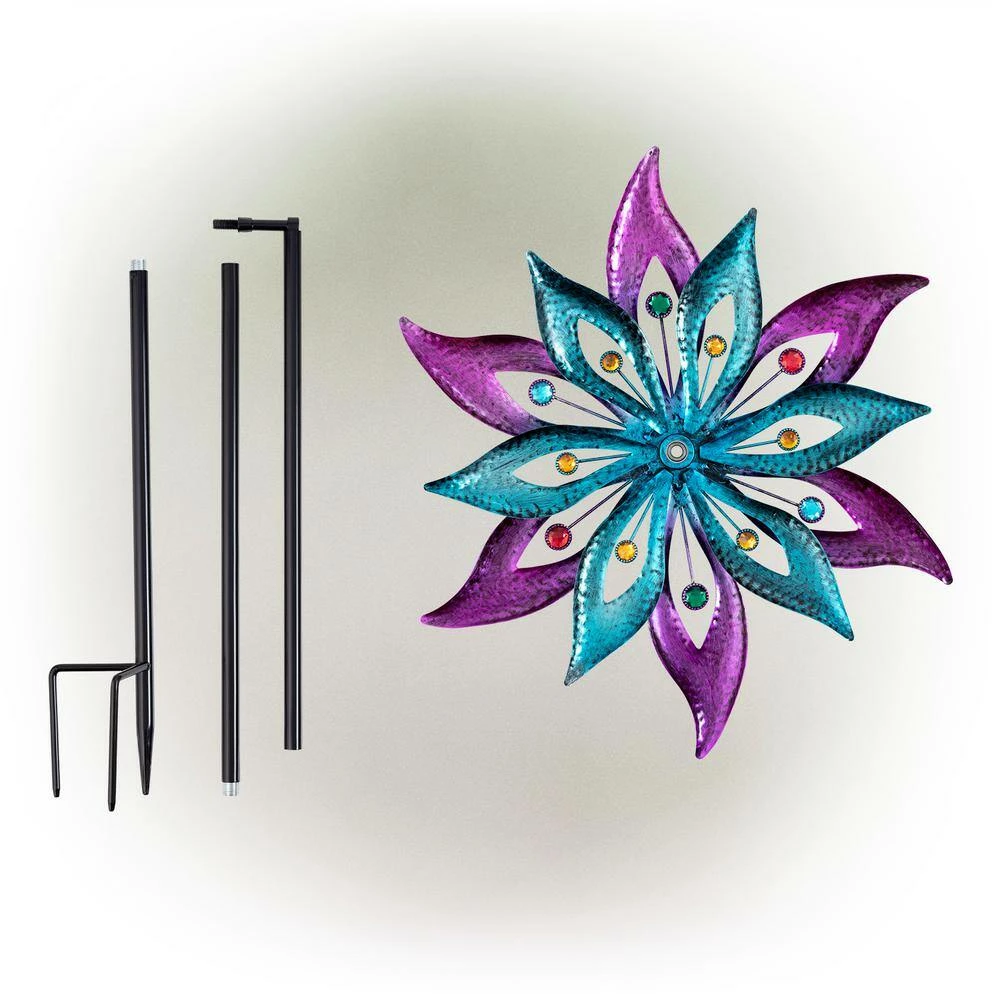 Alpine Corporation 64 in. Tall Outdoor Floral Windmill Stake with Gems Kinetic Spinner, Purple and Aqua - Image 10