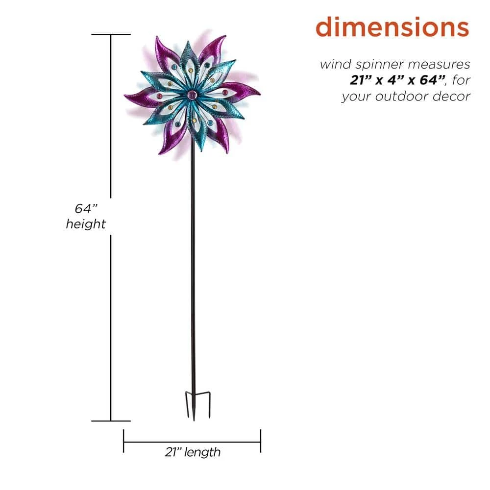 Alpine Corporation 64 in. Tall Outdoor Floral Windmill Stake with Gems Kinetic Spinner, Purple and Aqua - Image 3