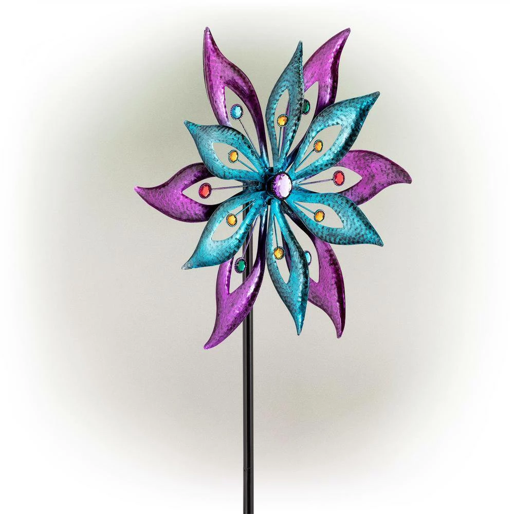 Alpine Corporation 64 in. Tall Outdoor Floral Windmill Stake with Gems Kinetic Spinner, Purple and Aqua - Image 9