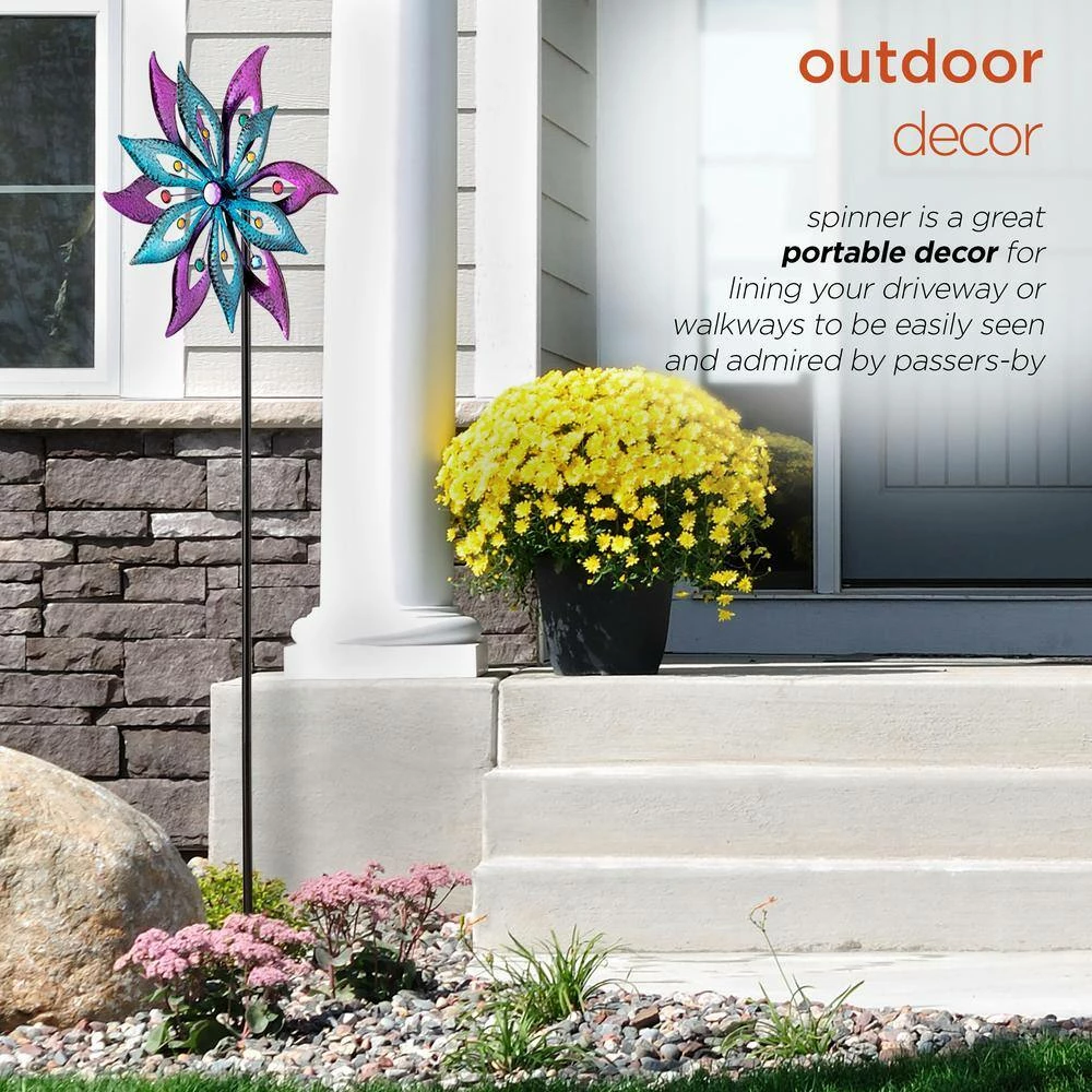 Alpine Corporation 64 in. Tall Outdoor Floral Windmill Stake with Gems Kinetic Spinner, Purple and Aqua - Image 6