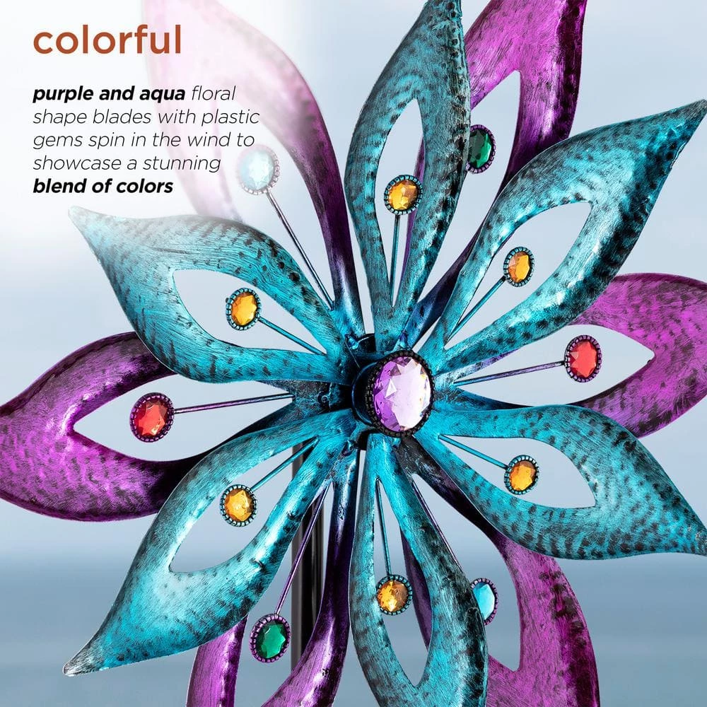 Alpine Corporation 64 in. Tall Outdoor Floral Windmill Stake with Gems Kinetic Spinner, Purple and Aqua - Image 4