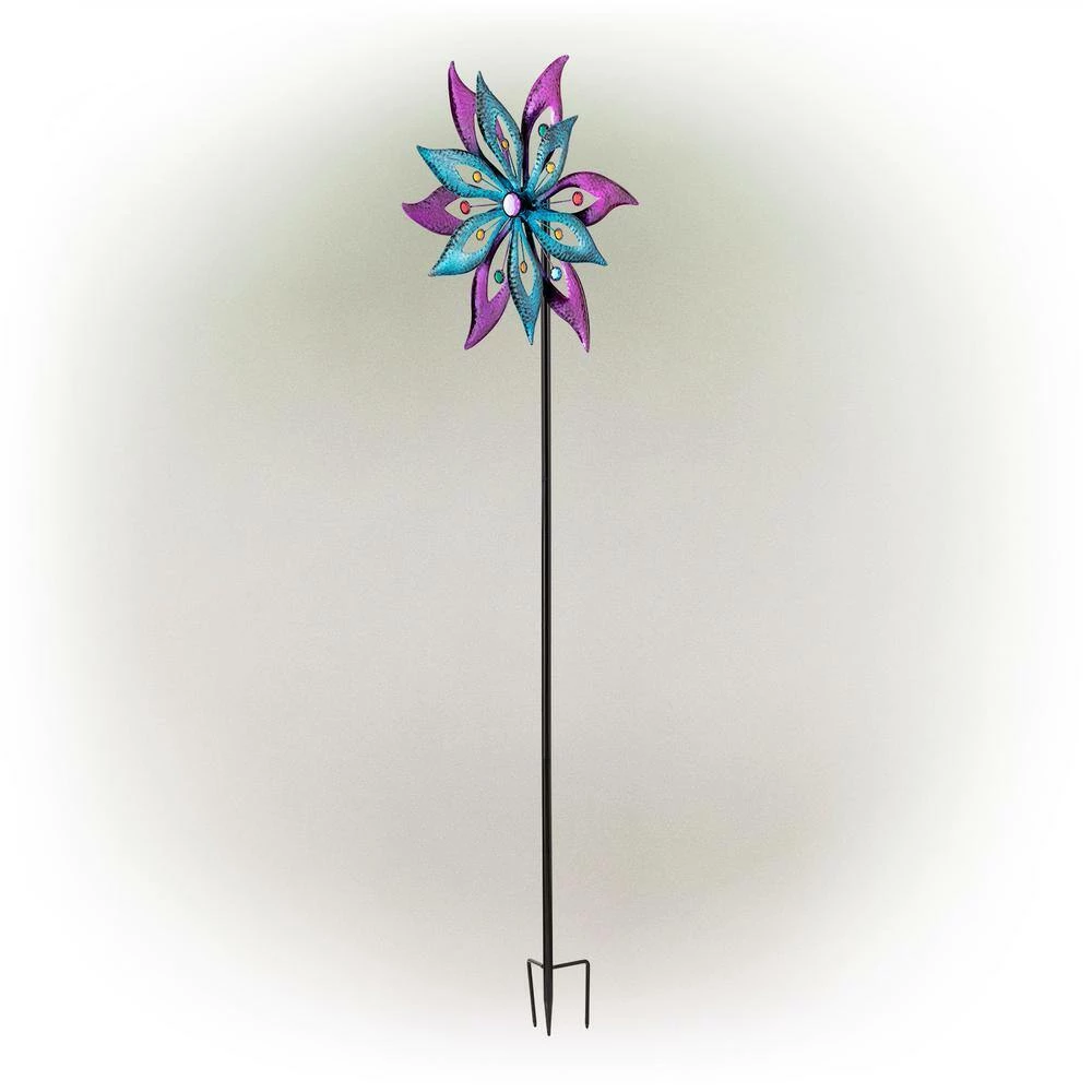Alpine Corporation 64 in. Tall Outdoor Floral Windmill Stake with Gems Kinetic Spinner, Purple and Aqua - Image 8