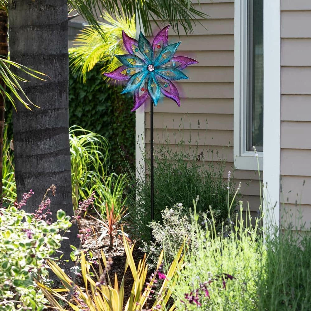 Alpine Corporation 64 in. Tall Outdoor Floral Windmill Stake with Gems Kinetic Spinner, Purple and Aqua - Image 2