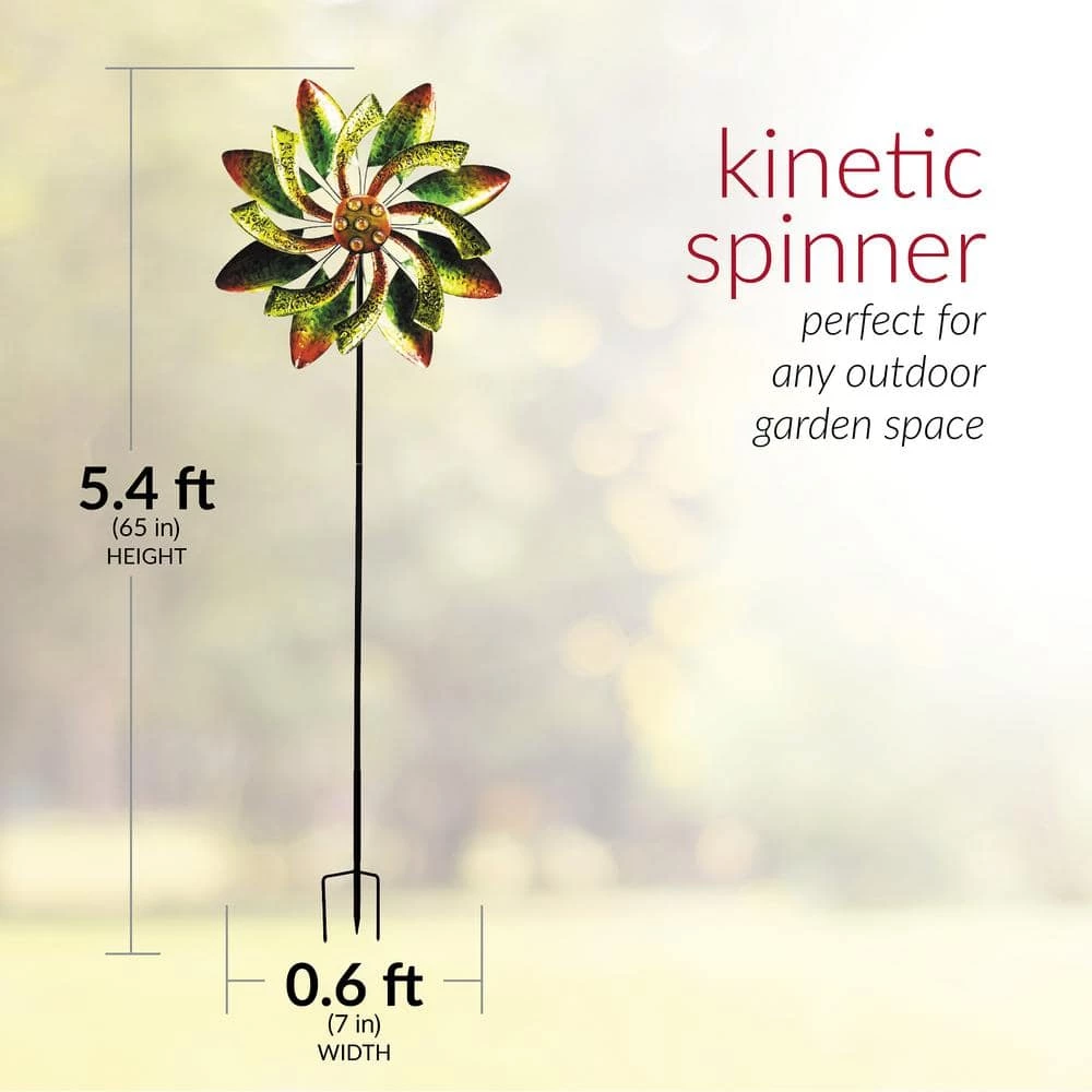 Alpine Corporation 64 in. Tall Floral Windmill Stake with Jeweled Kinetic Spinner, Green and Orange - Image 3