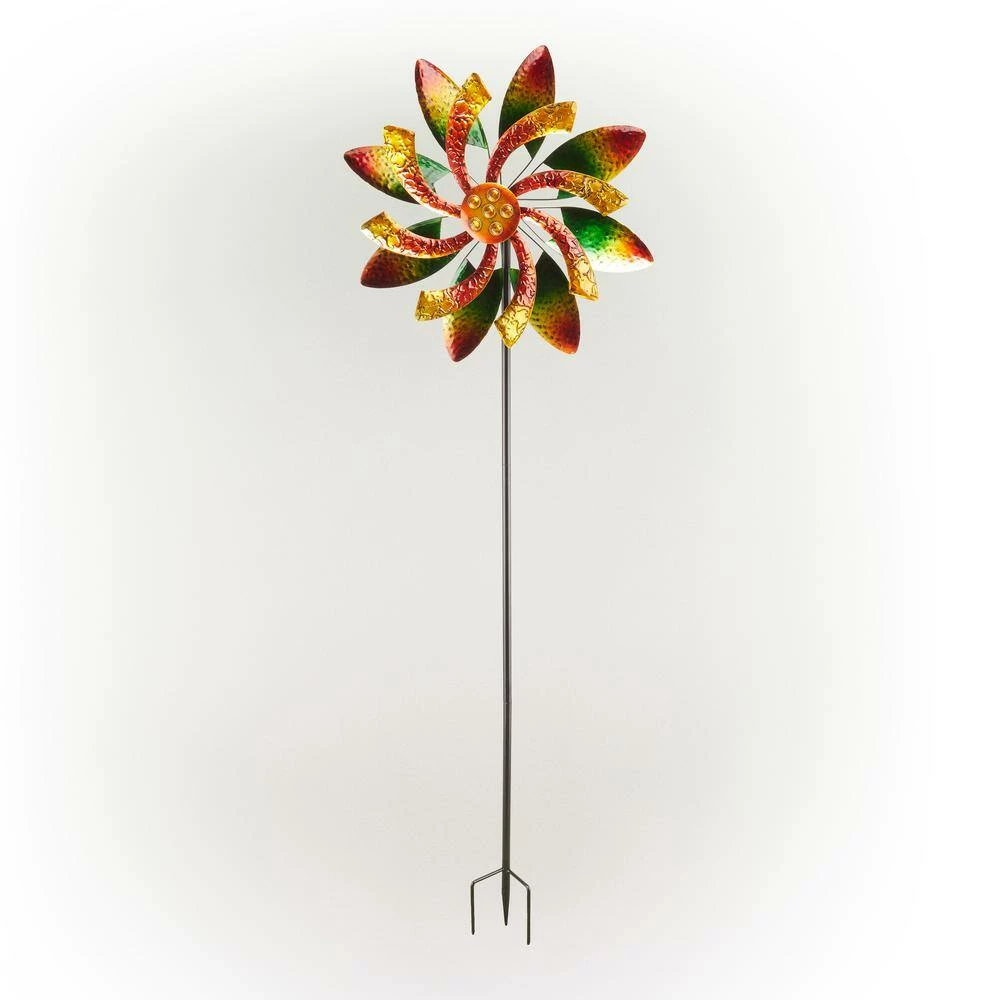 Alpine Corporation 64 in. Tall Floral Windmill Stake with Jeweled Kinetic Spinner, Green and Orange - Image 9