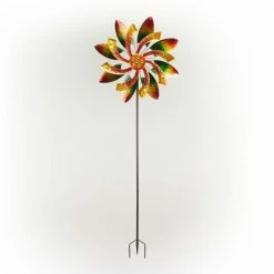 Alpine Corporation 64 in. Tall Floral Windmill Stake with Jeweled Kinetic Spinner, Green and Orange