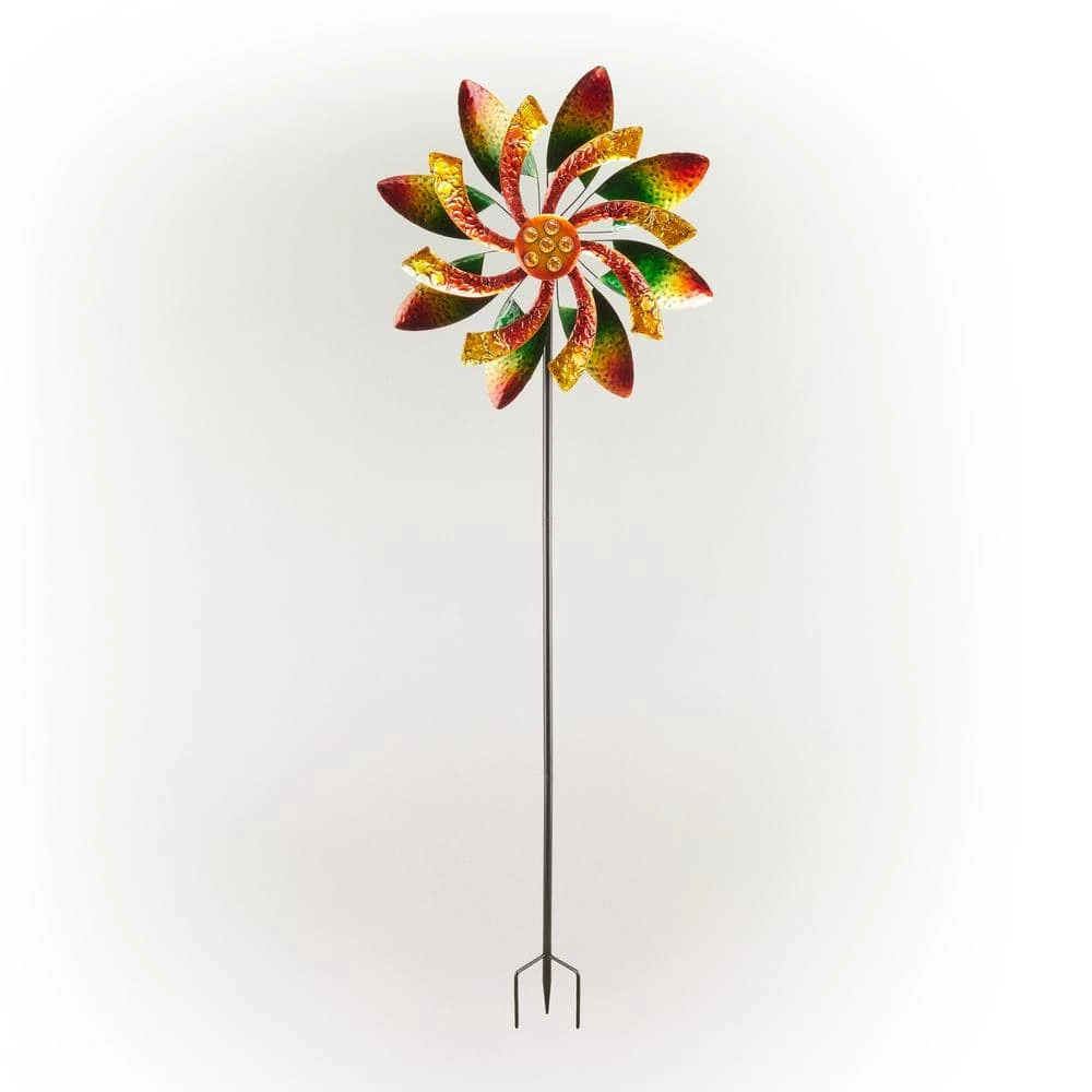Alpine Corporation 64 in. Tall Floral Windmill Stake with Jeweled Kinetic Spinner, Green and Orange