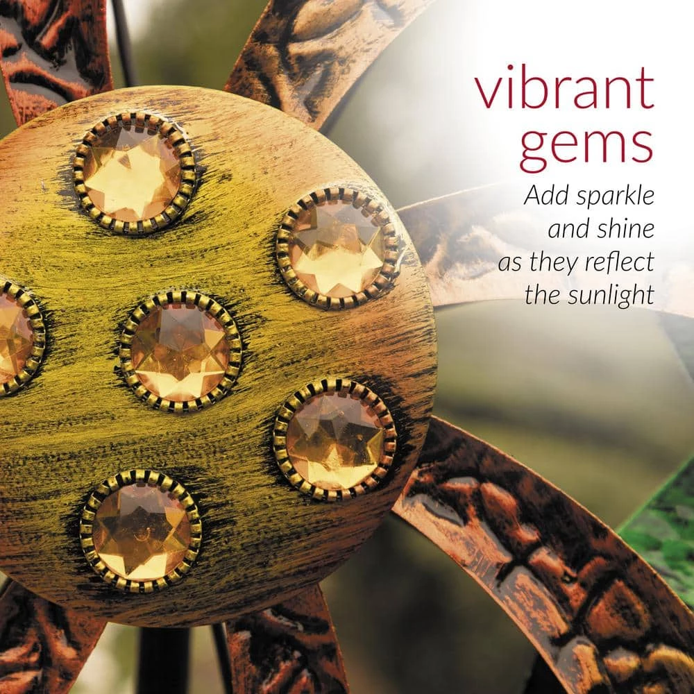 Alpine Corporation 64 in. Tall Floral Windmill Stake with Jeweled Kinetic Spinner, Green and Orange - Image 6