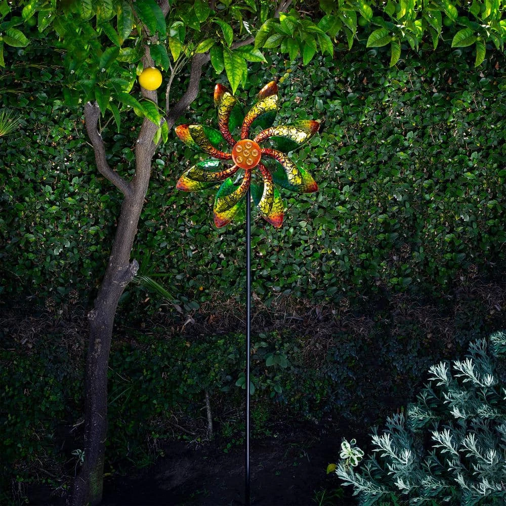 Alpine Corporation 64 in. Tall Floral Windmill Stake with Jeweled Kinetic Spinner, Green and Orange - Image 13