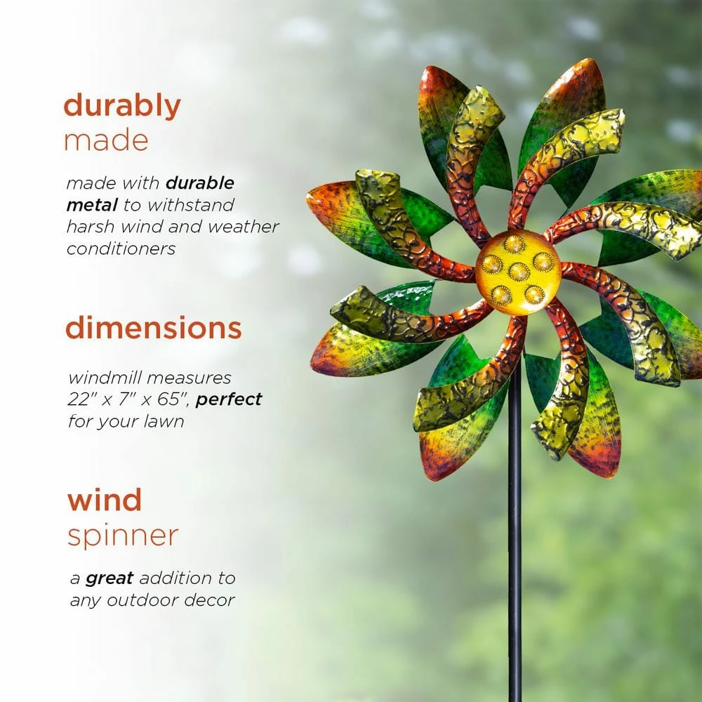 Alpine Corporation 64 in. Tall Floral Windmill Stake with Jeweled Kinetic Spinner, Green and Orange - Image 7