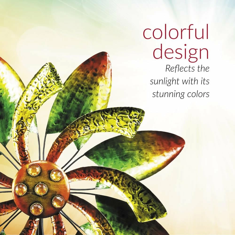 Alpine Corporation 64 in. Tall Floral Windmill Stake with Jeweled Kinetic Spinner, Green and Orange - Image 4
