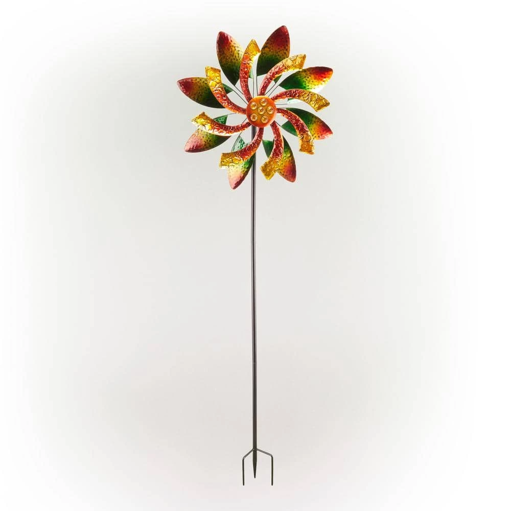 Alpine Corporation 64 in. Tall Floral Windmill Stake with Jeweled Kinetic Spinner, Green and Orange - Image 8