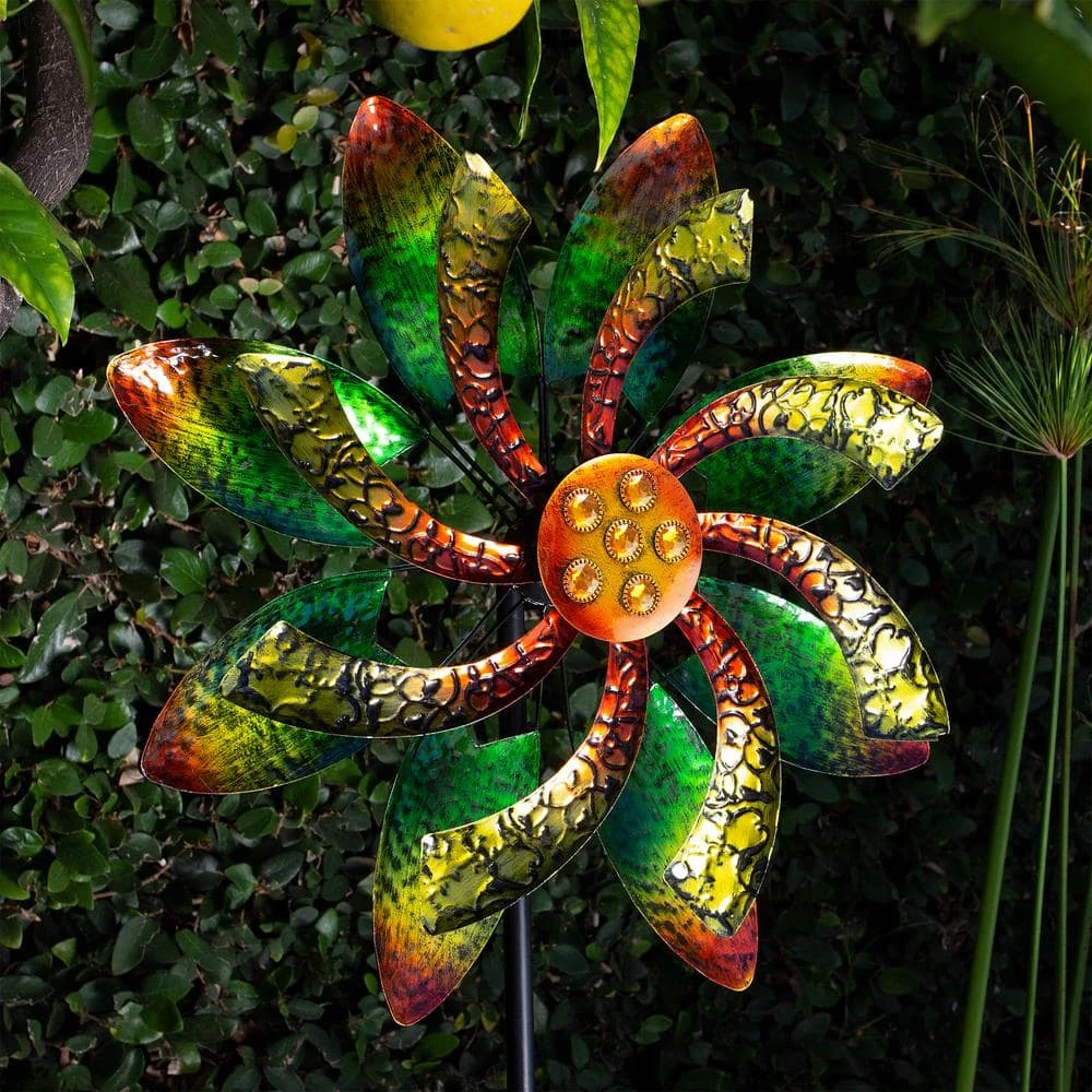 Alpine Corporation 64 in. Tall Floral Windmill Stake with Jeweled Kinetic Spinner, Green and Orange - Image 2