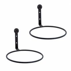 ACHLA DESIGNS 8 in. Dia Black Powder Coat Metal Wall Mounted Flower Pot Holder Ring Brackets (Set of 2)