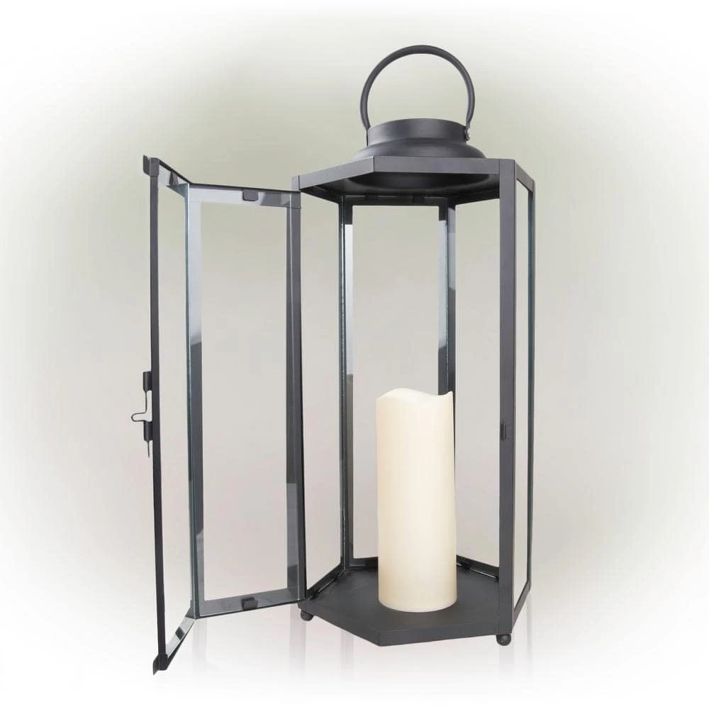 Alpine Corporation 18" Tall Outdoor Hexagonal Battery-Operated Metal Lantern with LED Lights, Black - Image 10