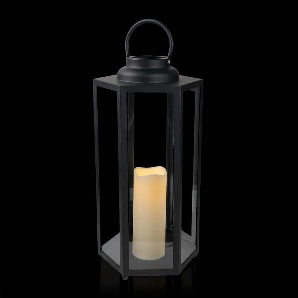 Alpine Corporation 18" Tall Outdoor Hexagonal Battery-Operated Metal Lantern with LED Lights, Black - Image 9