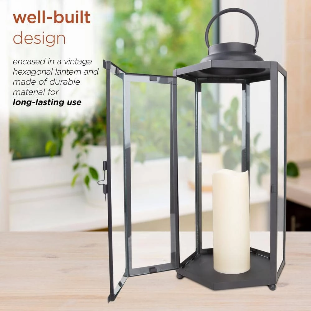 Alpine Corporation 18" Tall Outdoor Hexagonal Battery-Operated Metal Lantern with LED Lights, Black - Image 6