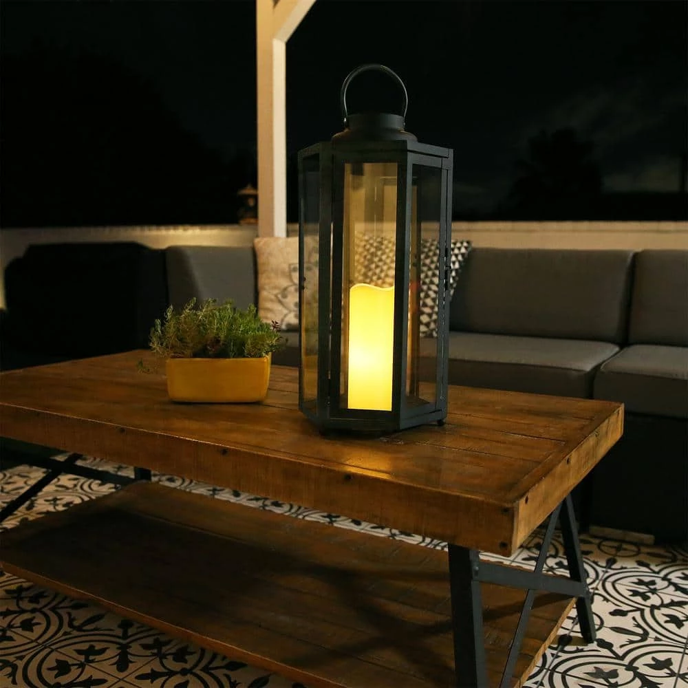 Alpine Corporation 18" Tall Outdoor Hexagonal Battery-Operated Metal Lantern with LED Lights, Black - Image 12
