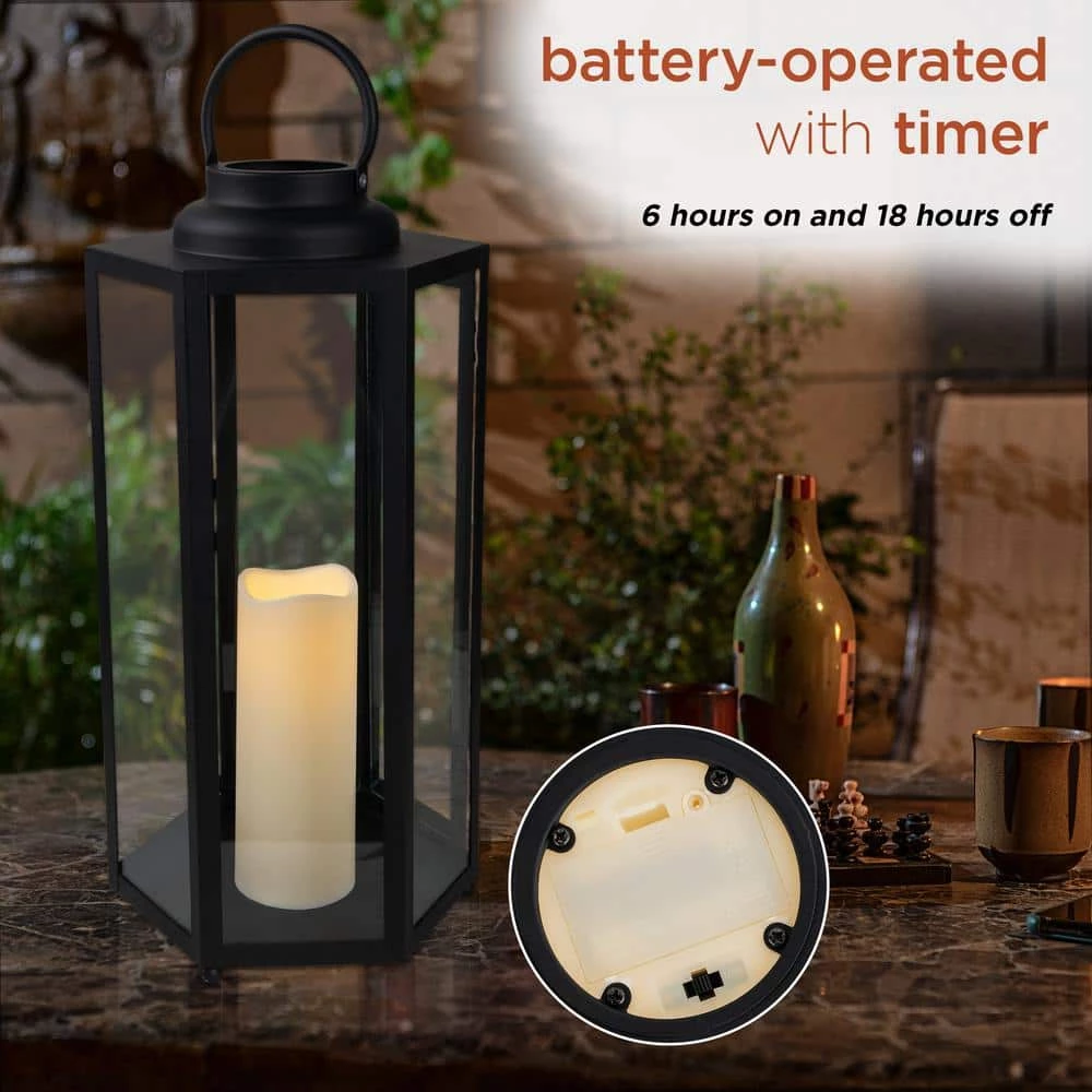Alpine Corporation 18" Tall Outdoor Hexagonal Battery-Operated Metal Lantern with LED Lights, Black - Image 7