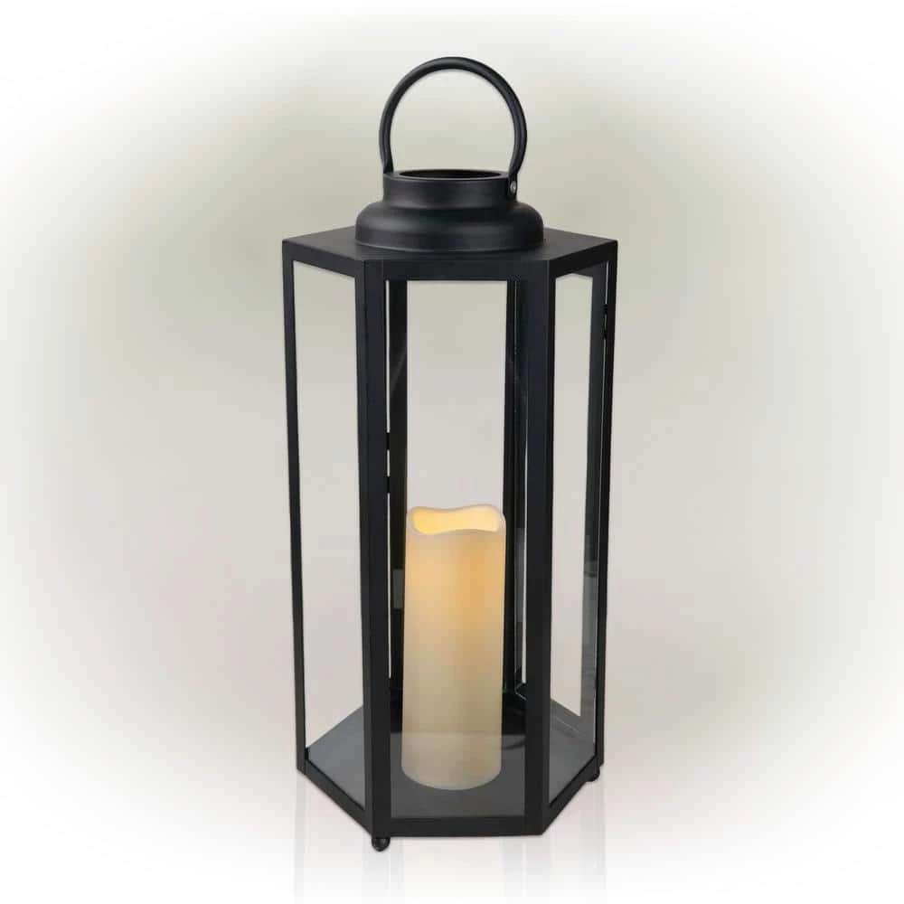 Alpine Corporation 18" Tall Outdoor Hexagonal Battery-Operated Metal Lantern with LED Lights, Black - Image 13