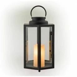 Alpine Corporation 14" Tall Outdoor Hexagonal Battery-Operated Metal Lantern with LED Lights, Black