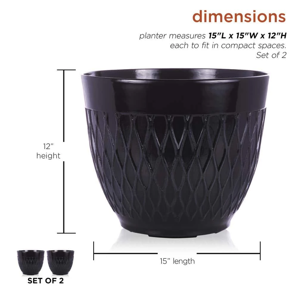 Alpine Corporation Black Indoor/Outdoor Stone-Look Resin Planters with Drainage Holes (Set of 2) - Image 3