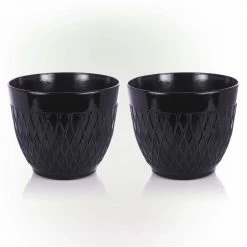 Alpine Corporation Black Indoor/Outdoor Stone-Look Resin Planters with Drainage Holes (Set of 2)