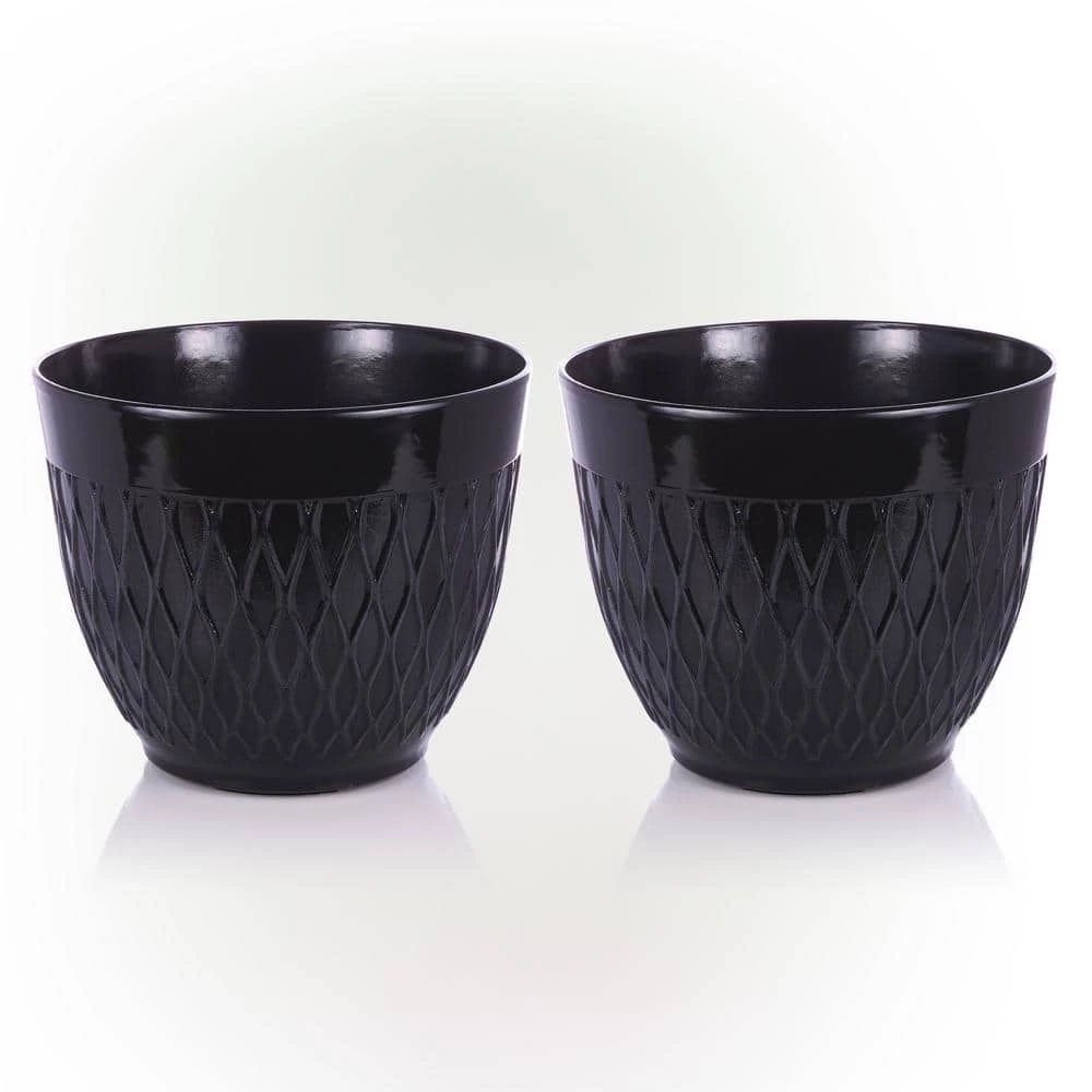 Alpine Corporation Black Indoor/Outdoor Stone-Look Resin Planters with Drainage Holes (Set of 2)