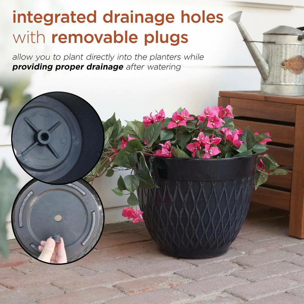 Alpine Corporation Black Indoor/Outdoor Stone-Look Resin Planters with Drainage Holes (Set of 2) - Image 6