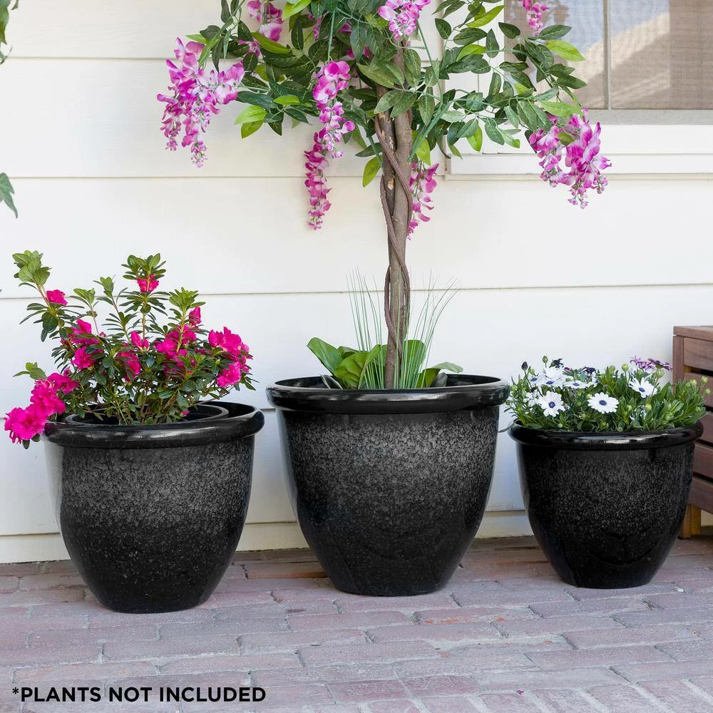 Alpine Corporation Indoor/Outdoor Stone Planters with Drainage Holes and Plugs, Speckled Black (Set of 3) - Image 12
