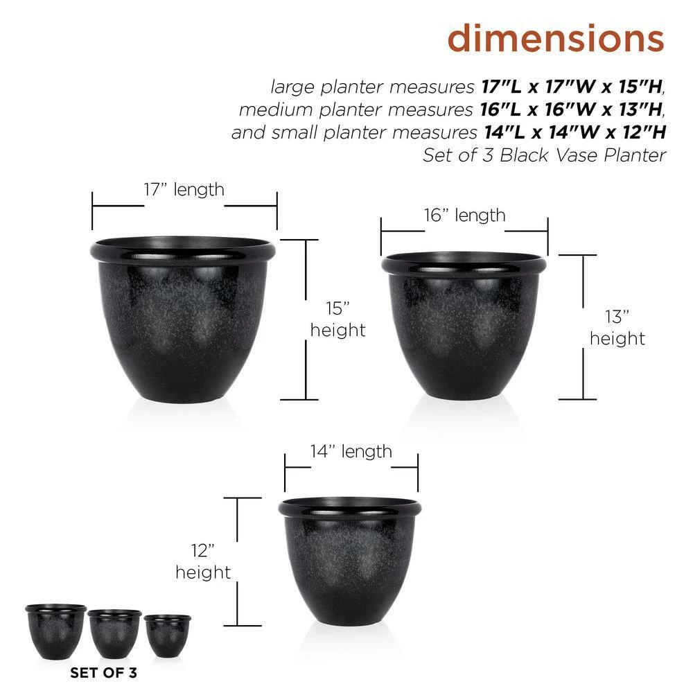 Alpine Corporation Indoor/Outdoor Stone Planters with Drainage Holes and Plugs, Speckled Black (Set of 3) - Image 3