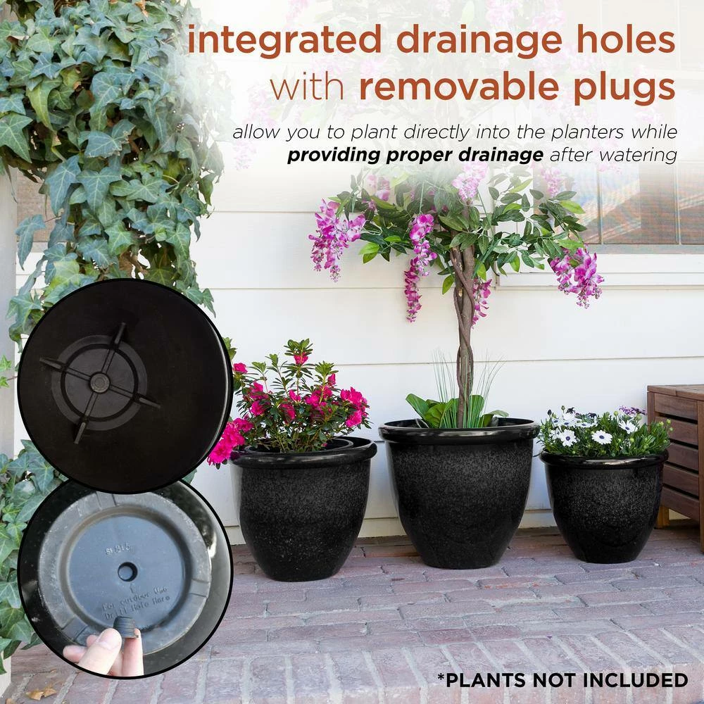 Alpine Corporation Indoor/Outdoor Stone Planters with Drainage Holes and Plugs, Speckled Black (Set of 3) - Image 6