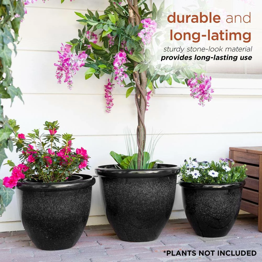 Alpine Corporation Indoor/Outdoor Stone Planters with Drainage Holes and Plugs, Speckled Black (Set of 3) - Image 7