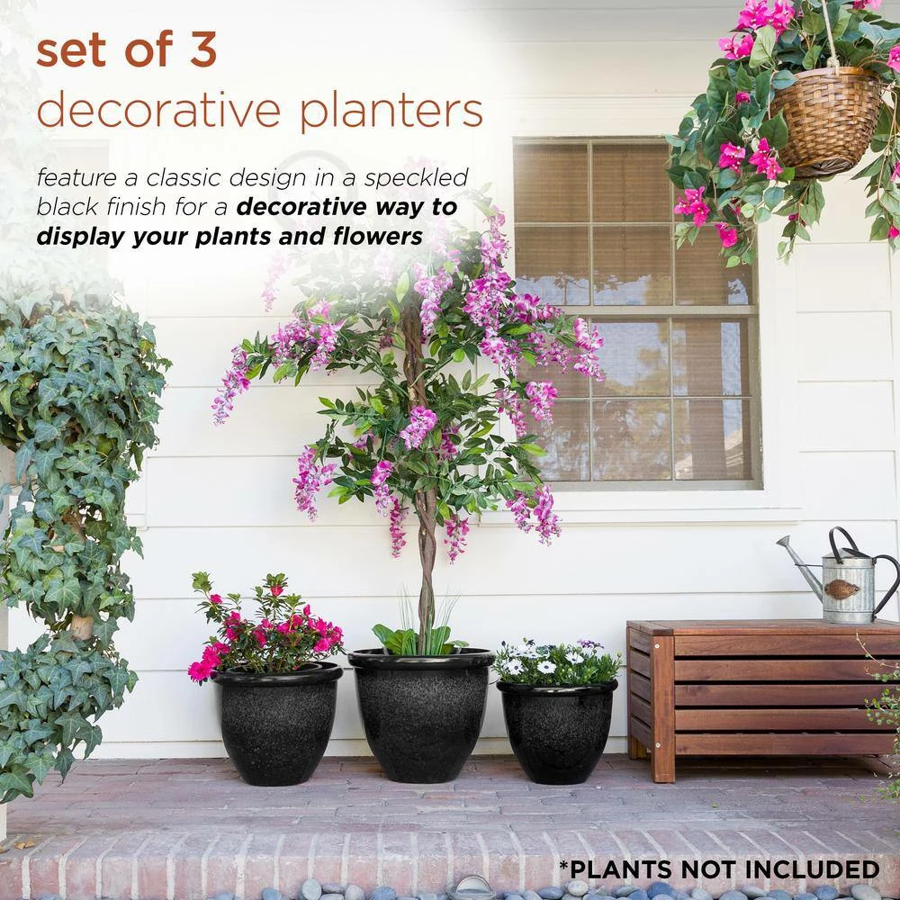 Alpine Corporation Indoor/Outdoor Stone Planters with Drainage Holes and Plugs, Speckled Black (Set of 3) - Image 4